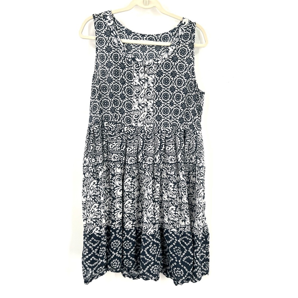 Dolma‎ block print mini dress beachy Euro summer boho lagenlook coverup scandi L